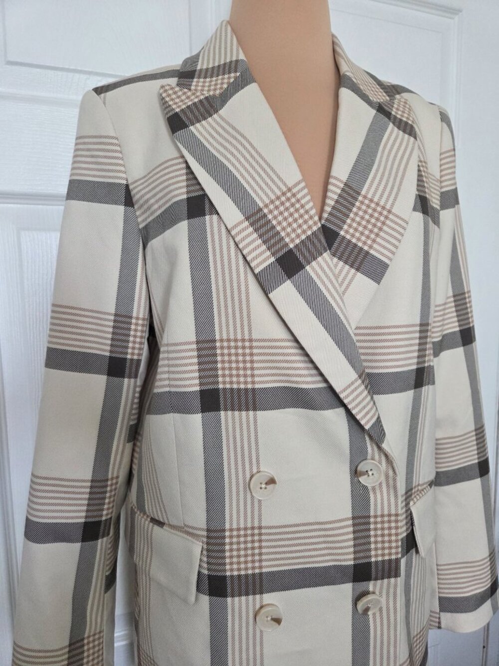 Plaid Double-Breasted Blazer Jacket in Cream - Picture 8 of 16